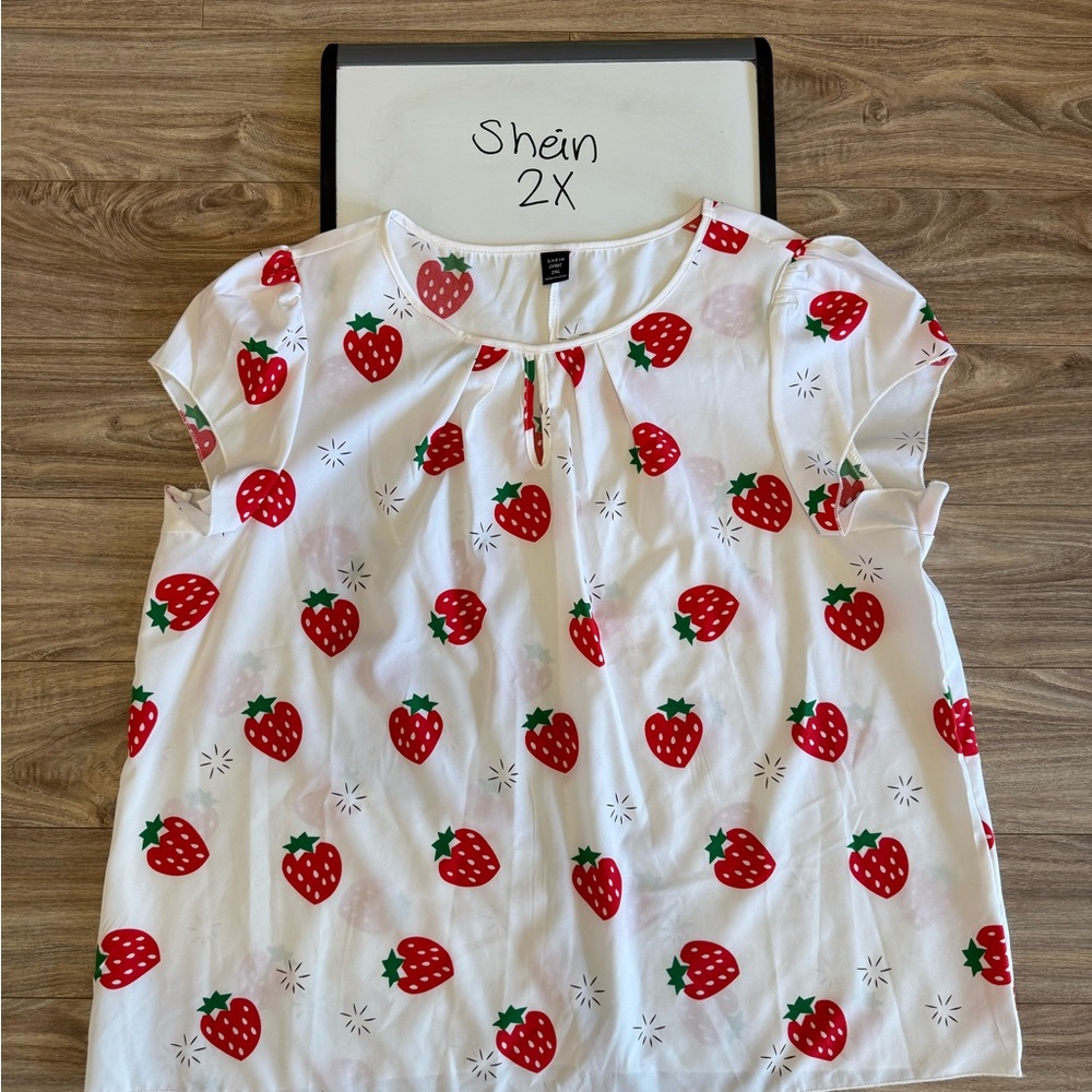 SHEIN White and Red Strawberry Print Blouse Sleeveless 2X